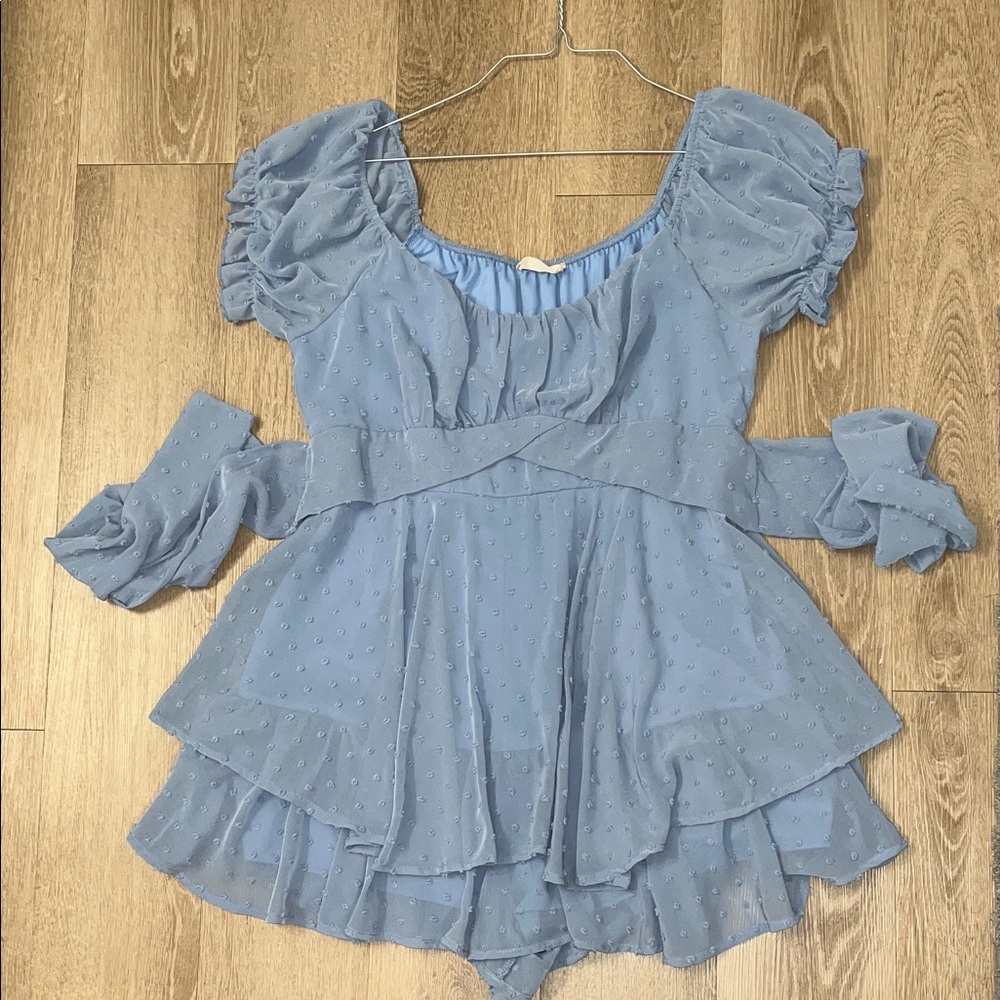 NWOT Altar’d State Blue Bubble Puff Romper with Bow Tie